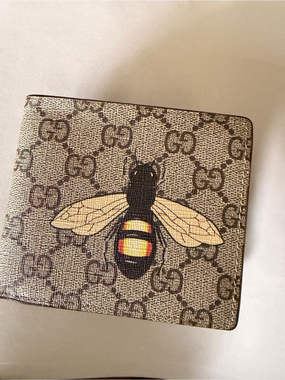Gucci Beige Brown Monogram Wallet with Red & Yellow Bee Motif